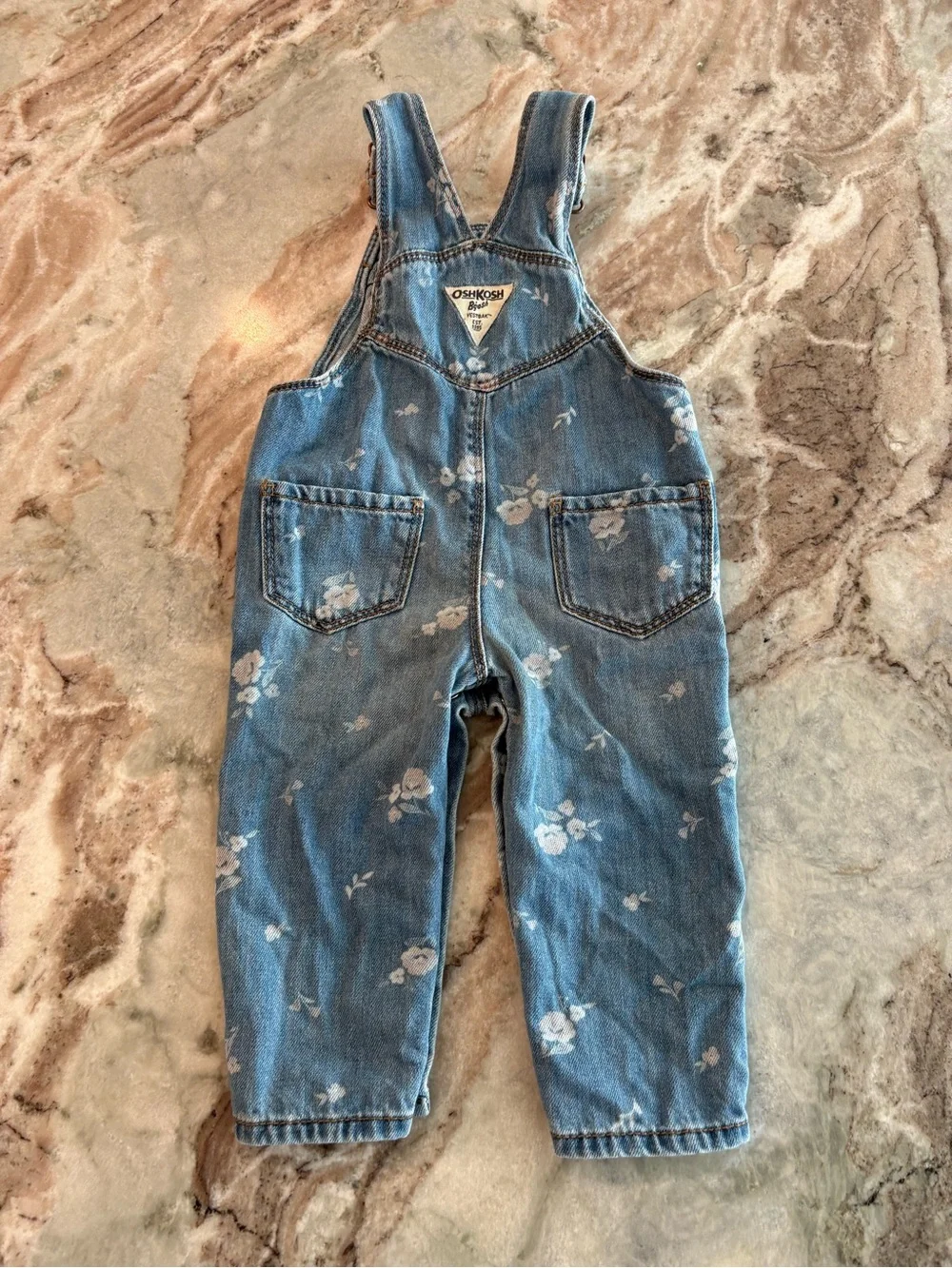 Osh Kosh Baby Girls Denim Overall Jeans Flower Print Snap Close Size 9-12 M